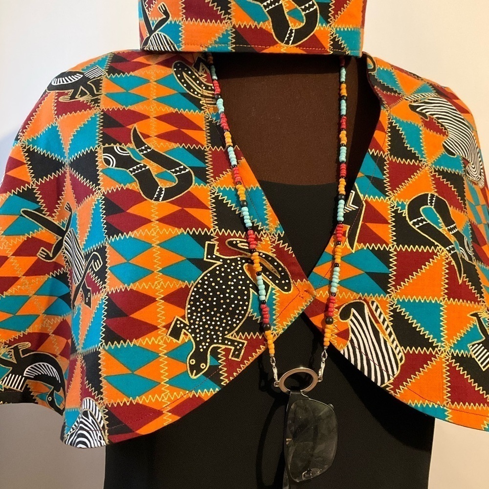 Hand Crafted Ankara African Print Capelet Sz. 16 Burgundy Turquoise Orange Lined - Picture 8 of 10